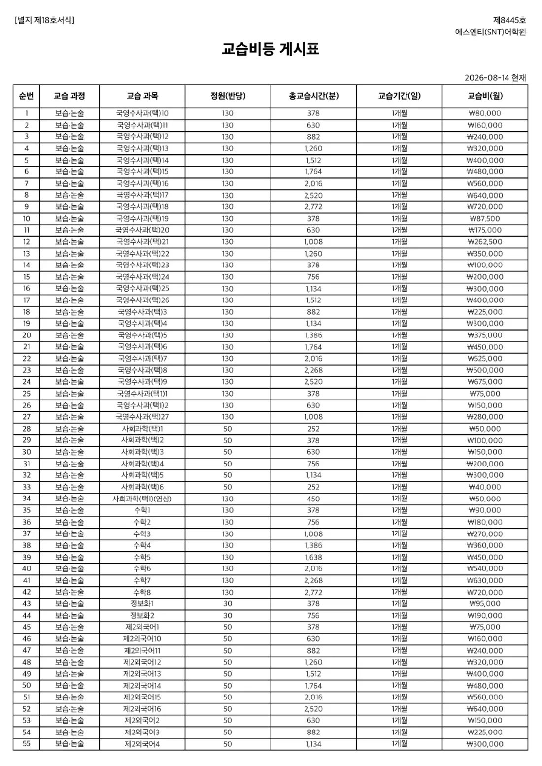 교습비 게시표 이미지 — 1관 어학원 1쪽