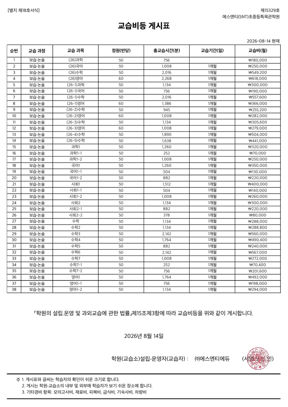 교습비 게시표 이미지 — 5관 초중등특목관학원 1쪽