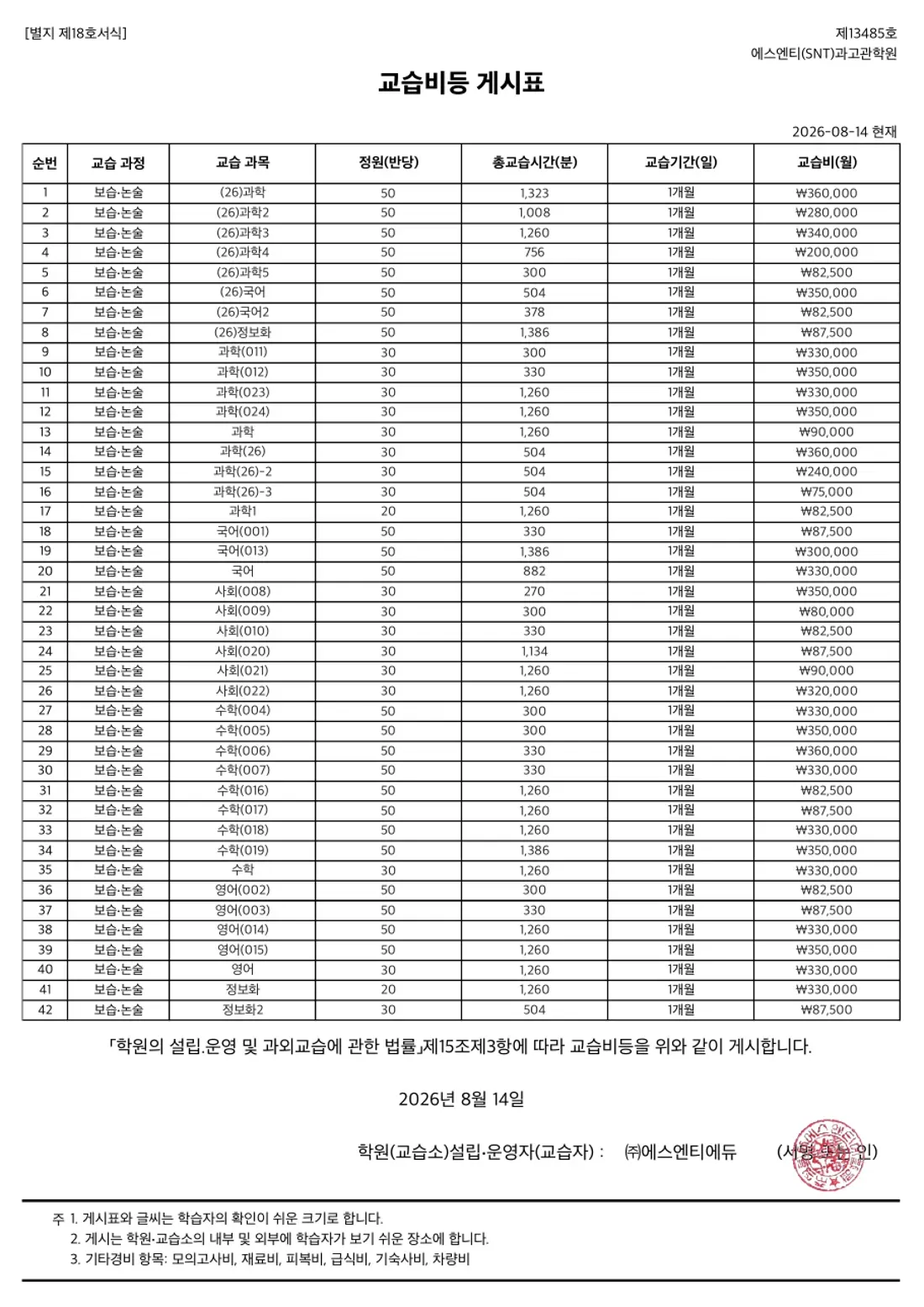교습비 게시표 이미지 — 6관 과고관학원 1쪽